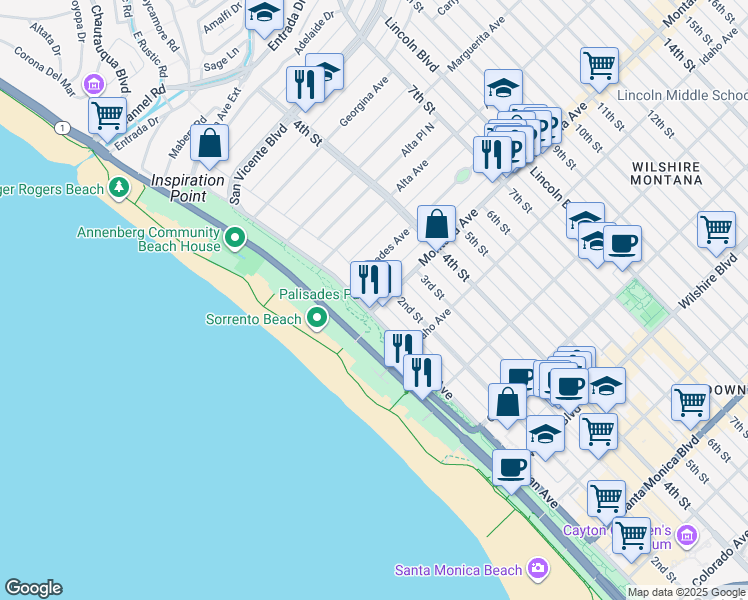 map of restaurants, bars, coffee shops, grocery stores, and more near 124 Montana Place North in Santa Monica