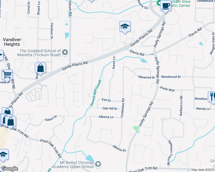 map of restaurants, bars, coffee shops, grocery stores, and more near 2977 Karen Lane in Marietta