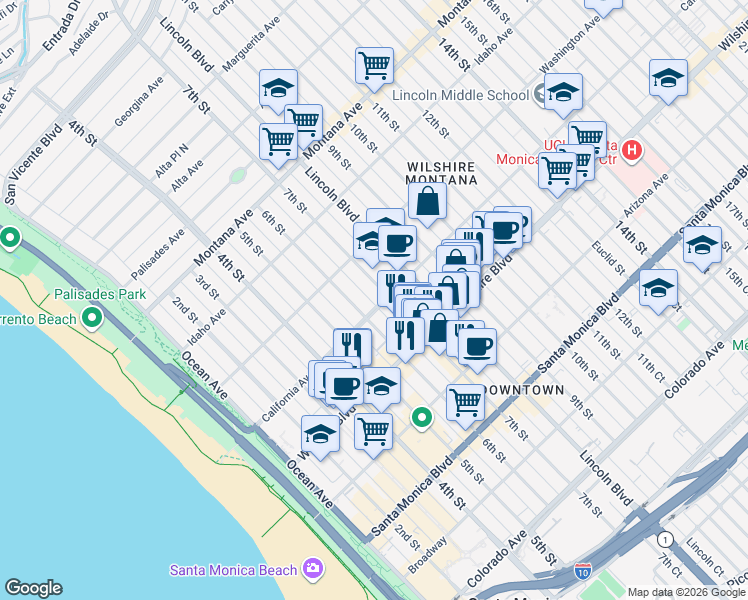 map of restaurants, bars, coffee shops, grocery stores, and more near 621 California Avenue in Santa Monica
