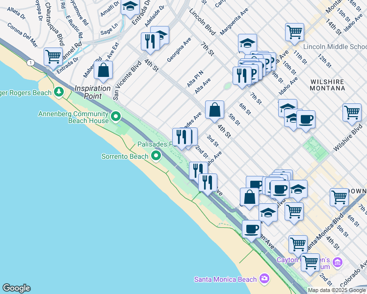 map of restaurants, bars, coffee shops, grocery stores, and more near 124 Montana Place North in Santa Monica