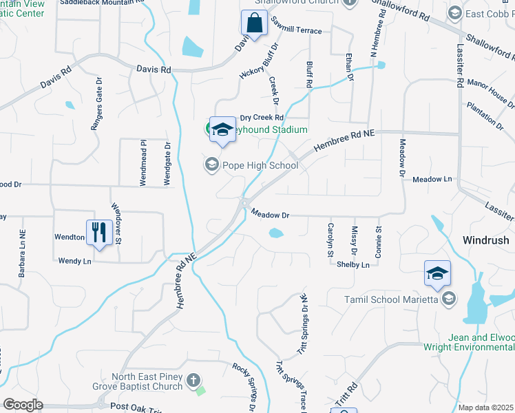 map of restaurants, bars, coffee shops, grocery stores, and more near 2729 Meadow Drive in Marietta