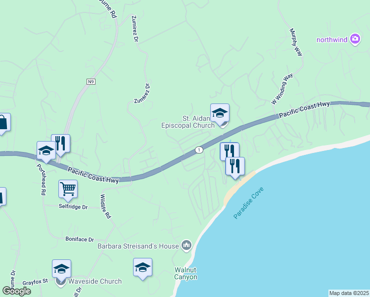 map of restaurants, bars, coffee shops, grocery stores, and more near 28390 Rey De Copas Lane in Malibu