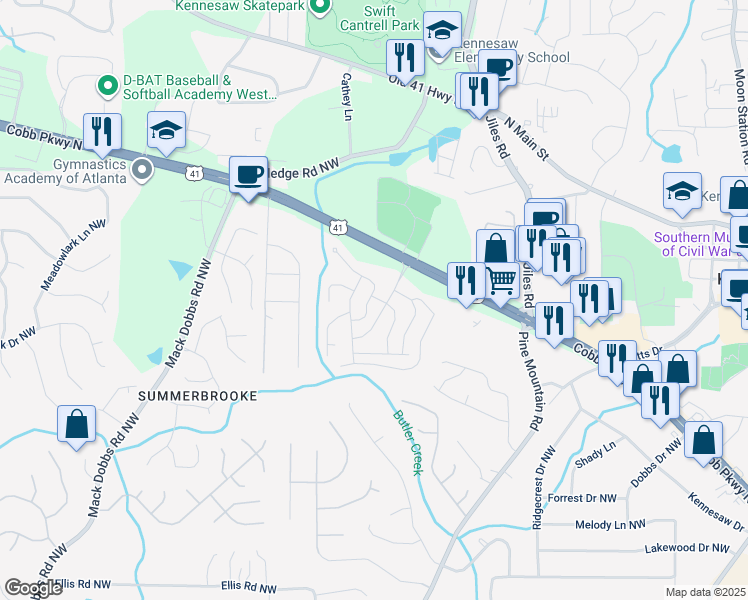 map of restaurants, bars, coffee shops, grocery stores, and more near 100 Birch Trail Northwest in Kennesaw