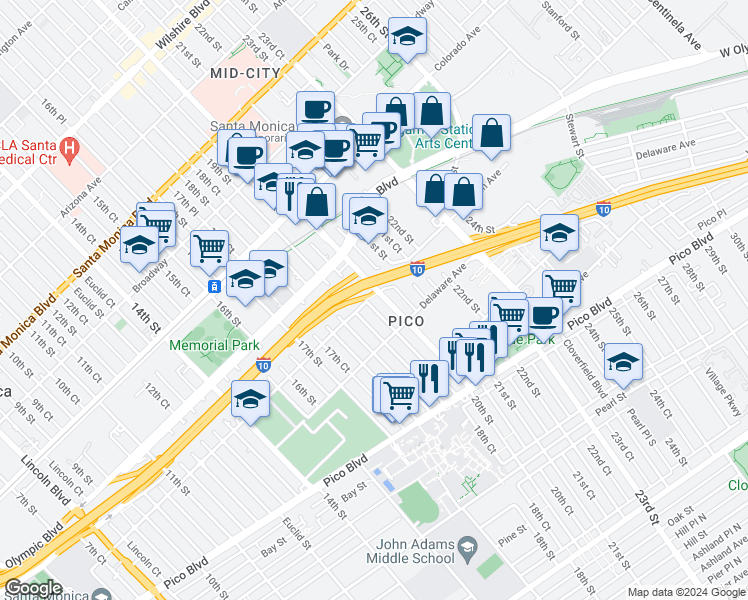 map of restaurants, bars, coffee shops, grocery stores, and more near 1802 20th Street in Santa Monica