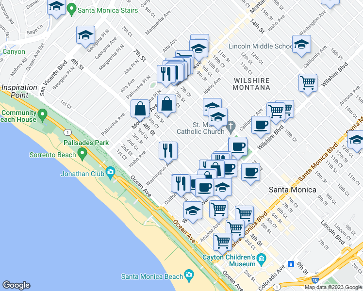 map of restaurants, bars, coffee shops, grocery stores, and more near 954 5th Street in Santa Monica