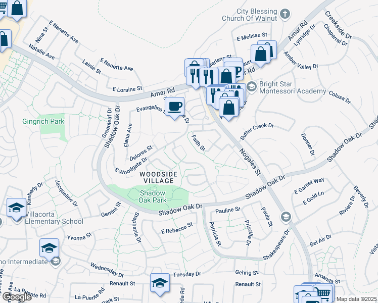 map of restaurants, bars, coffee shops, grocery stores, and more near 3024 South Betsy Street in West Covina