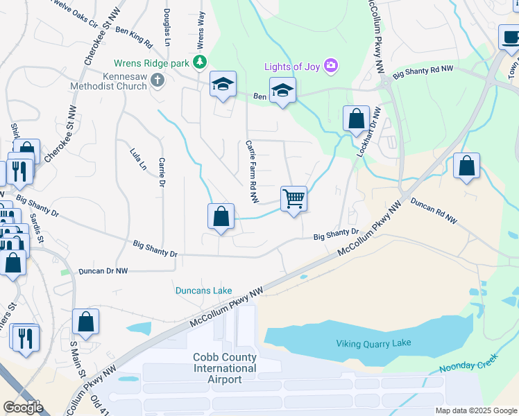 map of restaurants, bars, coffee shops, grocery stores, and more near 2965 Carrie Farm Road Northwest in Kennesaw
