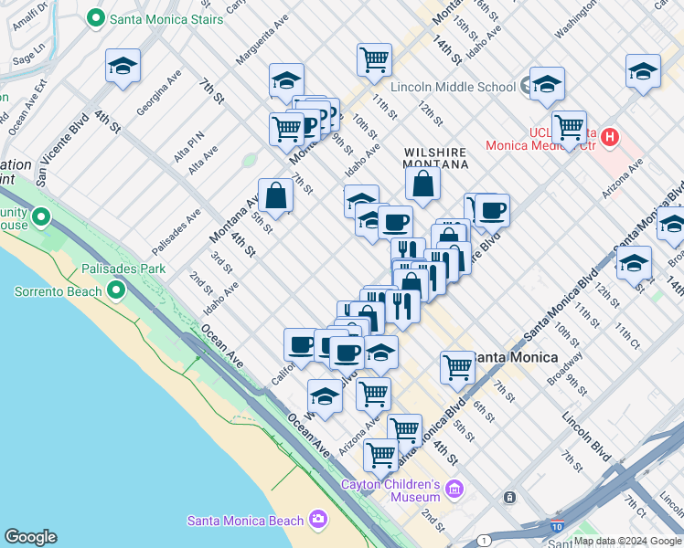 map of restaurants, bars, coffee shops, grocery stores, and more near 1020 6th Street in Santa Monica