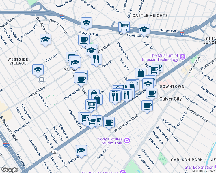 map of restaurants, bars, coffee shops, grocery stores, and more near 3690 Motor Avenue in Los Angeles