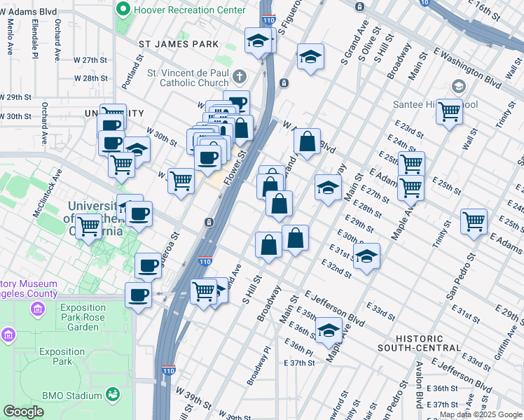 map of restaurants, bars, coffee shops, grocery stores, and more near 313 West 31st Street in Los Angeles