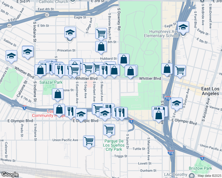 map of restaurants, bars, coffee shops, grocery stores, and more near 945 South Bonnie Beach Place in Los Angeles
