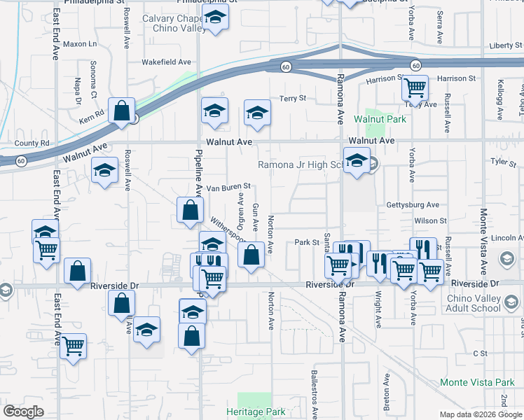 map of restaurants, bars, coffee shops, grocery stores, and more near 12669 Norton Avenue in Chino