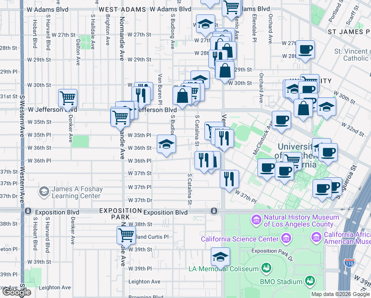 map of restaurants, bars, coffee shops, grocery stores, and more near 1201 West 36th Street in Los Angeles