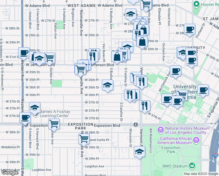 map of restaurants, bars, coffee shops, grocery stores, and more near 1249 West 36th Street in Los Angeles