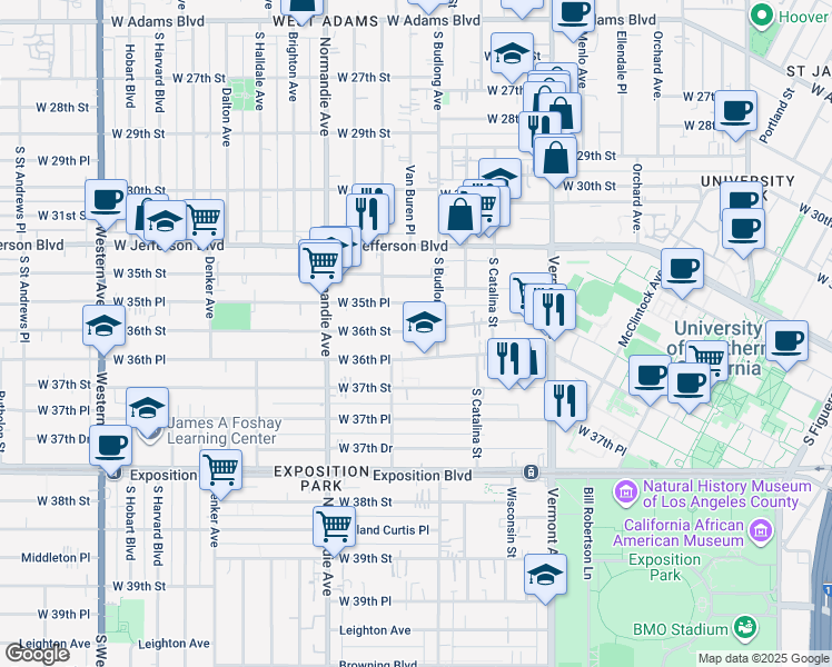 map of restaurants, bars, coffee shops, grocery stores, and more near 1301 West 36th Street in Los Angeles