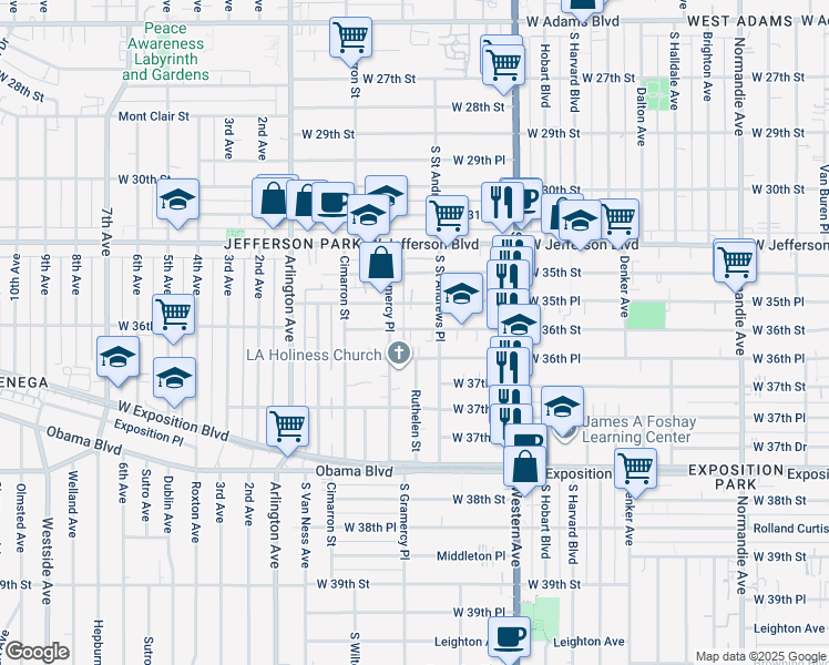 map of restaurants, bars, coffee shops, grocery stores, and more near 1815 West 36th Street in Los Angeles