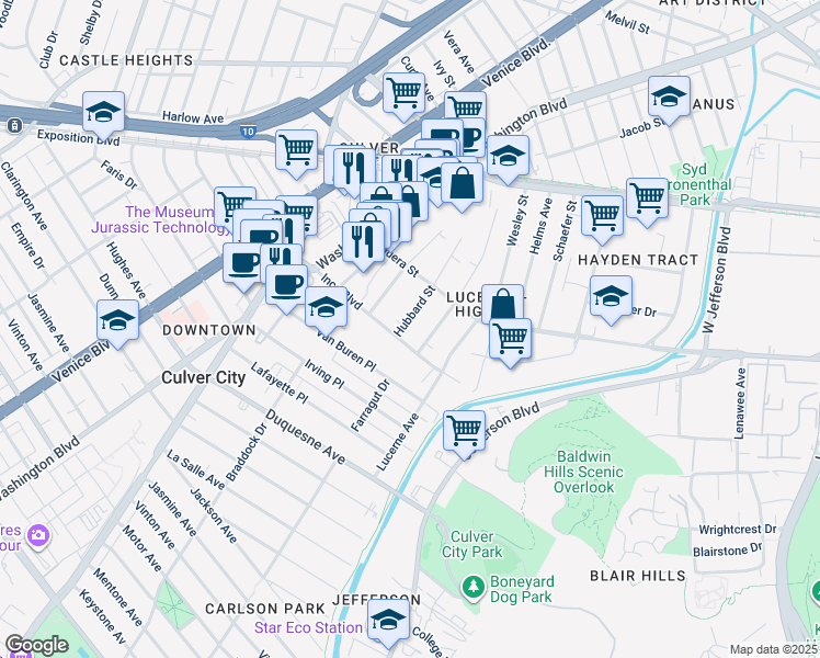 map of restaurants, bars, coffee shops, grocery stores, and more near 9055 Hubbard Street in Culver City