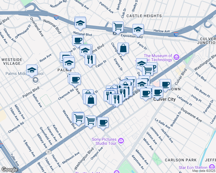map of restaurants, bars, coffee shops, grocery stores, and more near 3690 Motor Avenue in Los Angeles