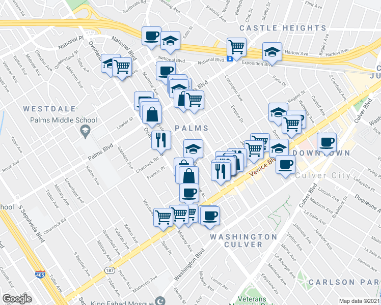 map of restaurants, bars, coffee shops, grocery stores, and more near 3662 Mentone Avenue in Los Angeles