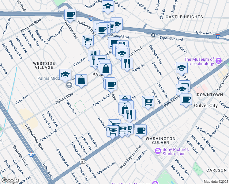map of restaurants, bars, coffee shops, grocery stores, and more near 3614 Overland Avenue in Los Angeles