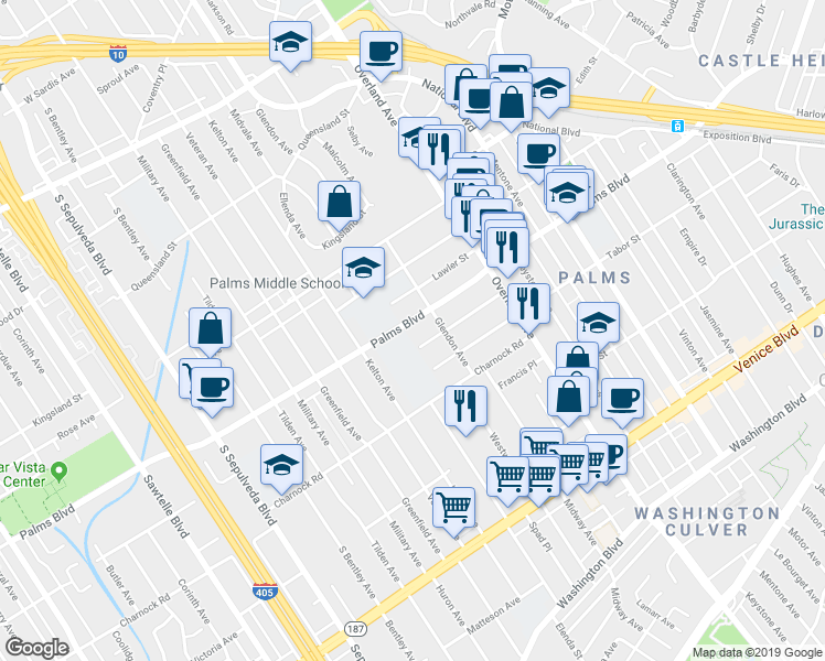 map of restaurants, bars, coffee shops, grocery stores, and more near in Los Angeles