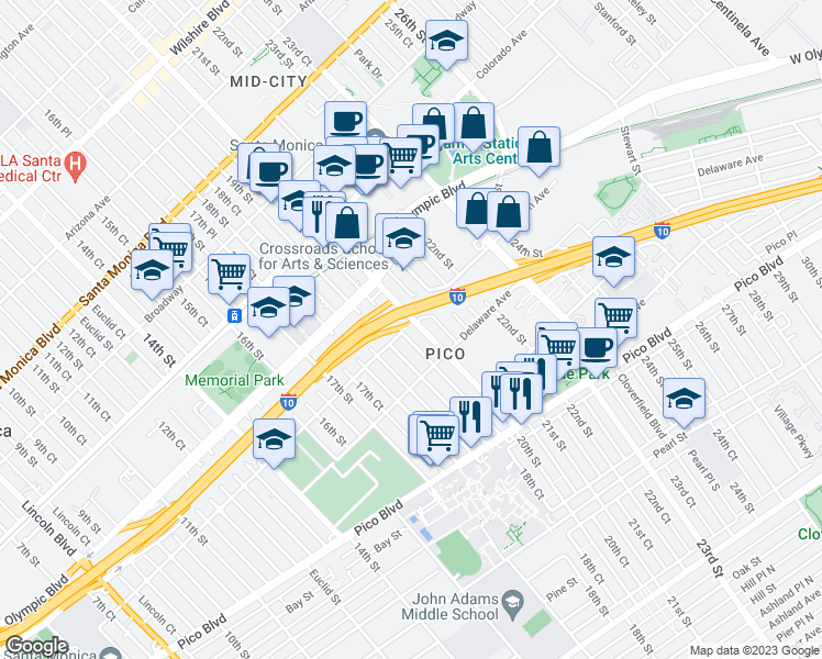 map of restaurants, bars, coffee shops, grocery stores, and more near 1805 20th Street in Santa Monica