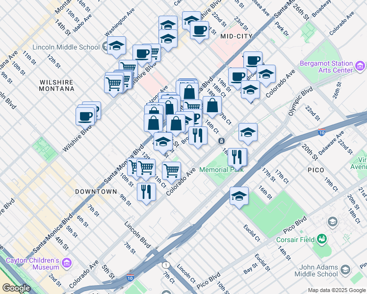 map of restaurants, bars, coffee shops, grocery stores, and more near 1412 Broadway in Santa Monica