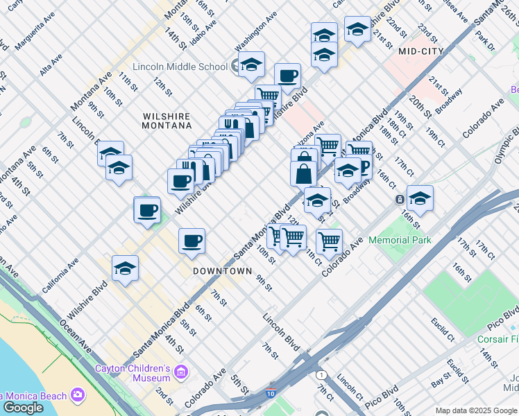 map of restaurants, bars, coffee shops, grocery stores, and more near 1315 11th Street in Santa Monica