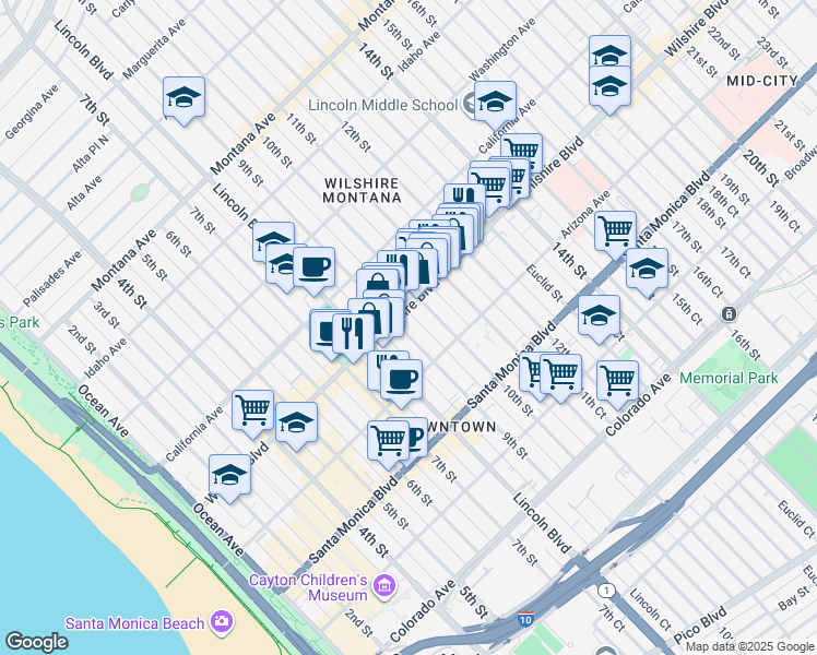 map of restaurants, bars, coffee shops, grocery stores, and more near in Santa Monica