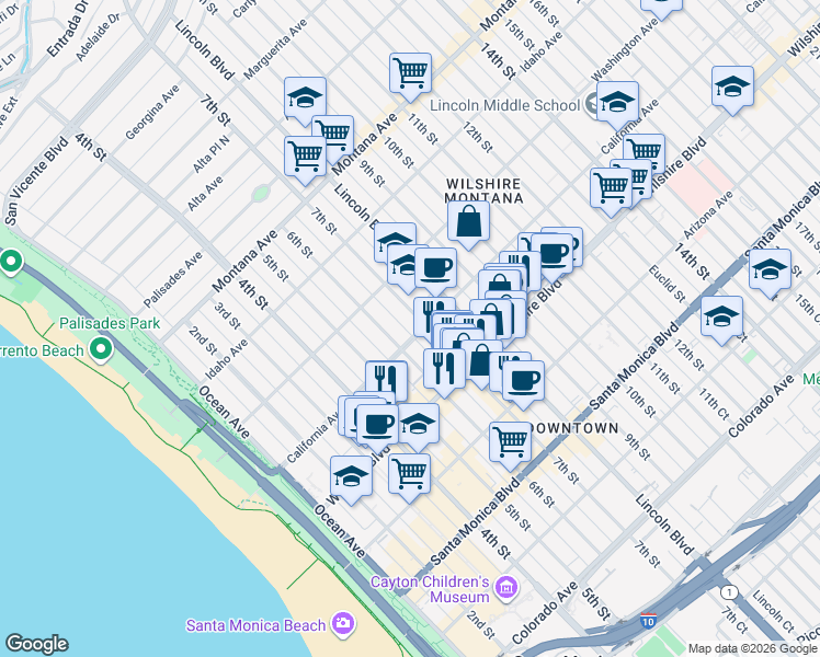 map of restaurants, bars, coffee shops, grocery stores, and more near 701 California Avenue in Santa Monica