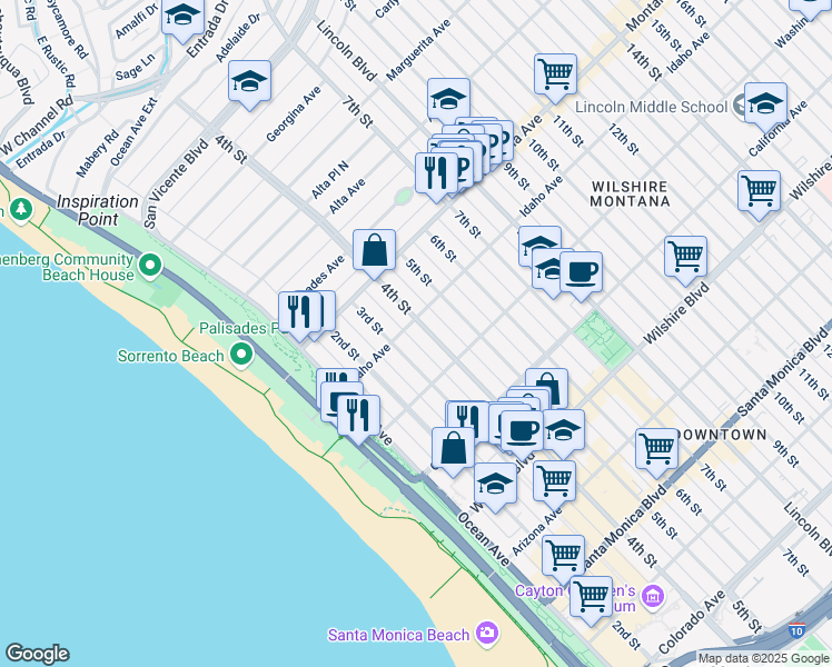 map of restaurants, bars, coffee shops, grocery stores, and more near in Santa Monica