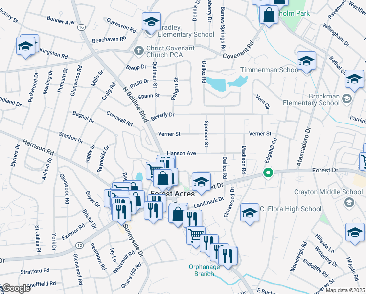 map of restaurants, bars, coffee shops, grocery stores, and more near 3600 Verner Street in Columbia