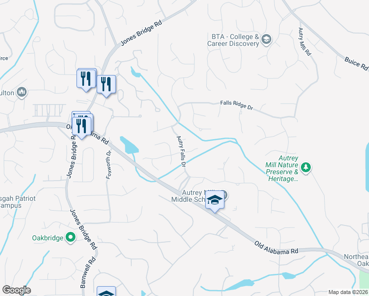 map of restaurants, bars, coffee shops, grocery stores, and more near 9865 Autry Falls Drive in Alpharetta