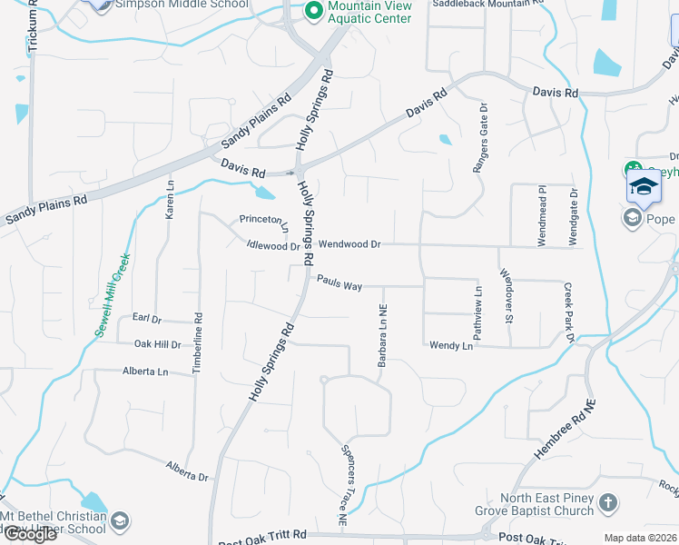 map of restaurants, bars, coffee shops, grocery stores, and more near 2881 Pauls Way in Marietta