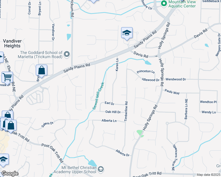 map of restaurants, bars, coffee shops, grocery stores, and more near 2977 Karen Lane in Marietta
