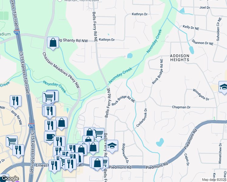map of restaurants, bars, coffee shops, grocery stores, and more near 2921 Huntcliff Drive in Marietta