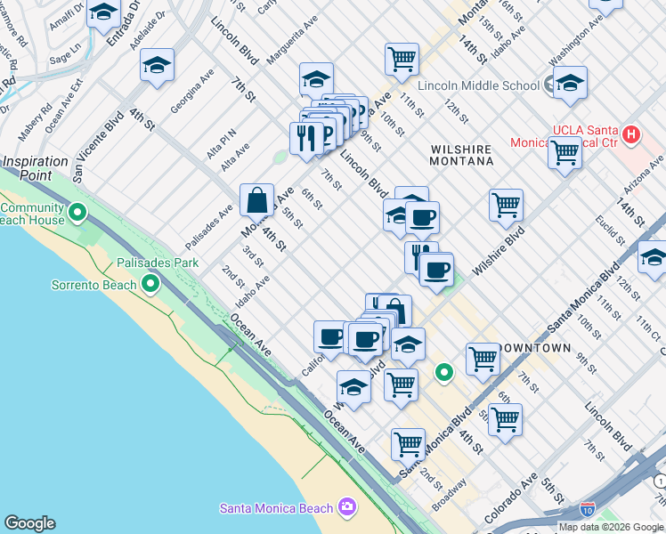 map of restaurants, bars, coffee shops, grocery stores, and more near 954 5th Street in Santa Monica