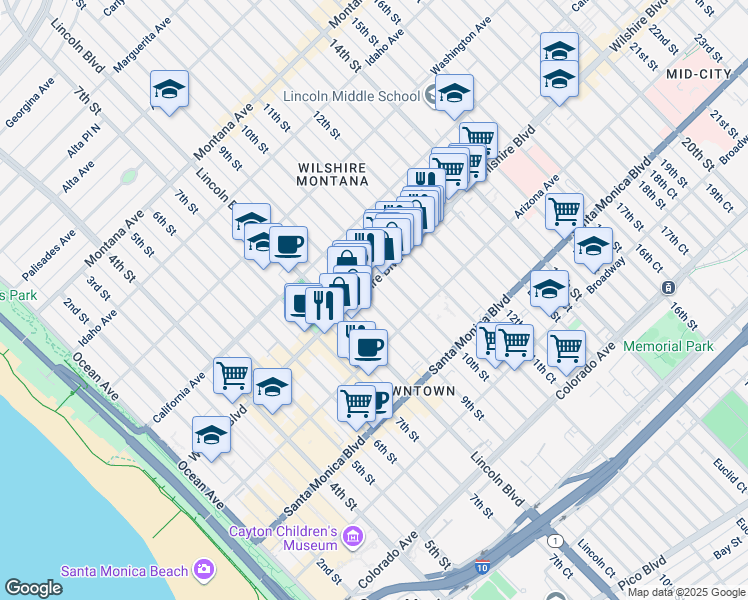 map of restaurants, bars, coffee shops, grocery stores, and more near 1000 Wilshire Boulevard in Santa Monica