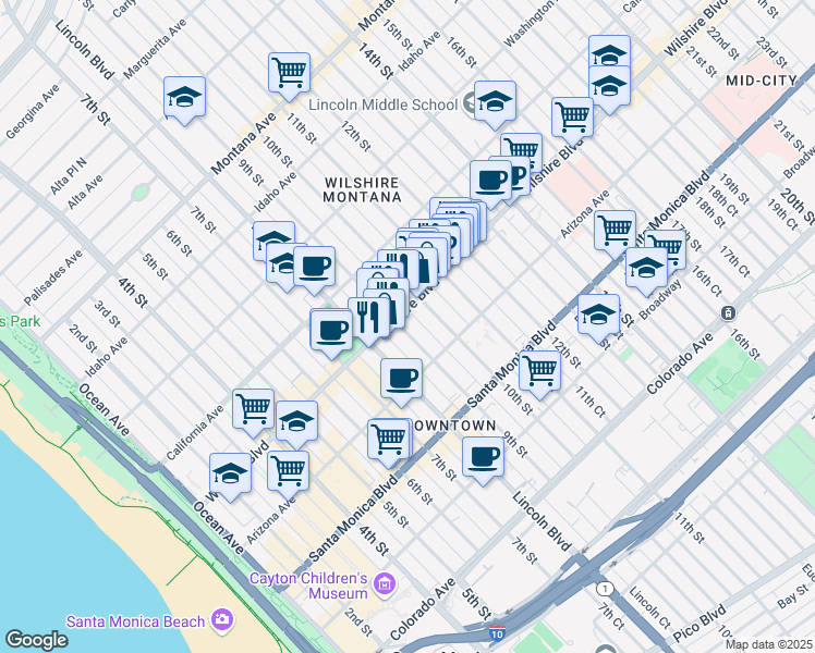 map of restaurants, bars, coffee shops, grocery stores, and more near 1211 9th Street in Santa Monica