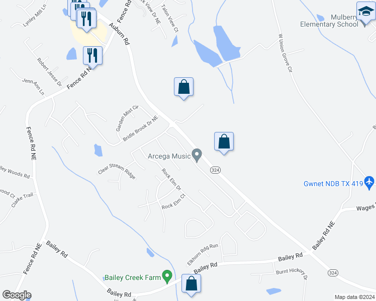 map of restaurants, bars, coffee shops, grocery stores, and more near 3340 Mulberry Cove Way in Auburn