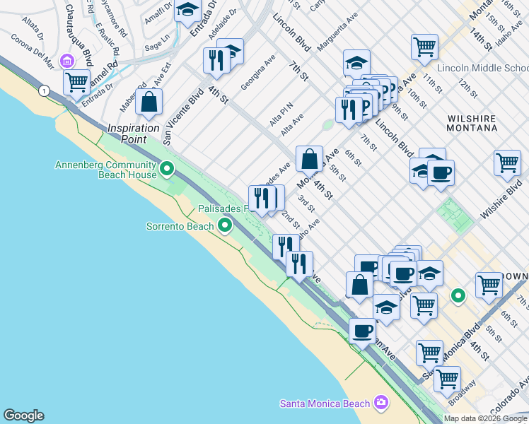 map of restaurants, bars, coffee shops, grocery stores, and more near 757 Ocean Avenue in Santa Monica