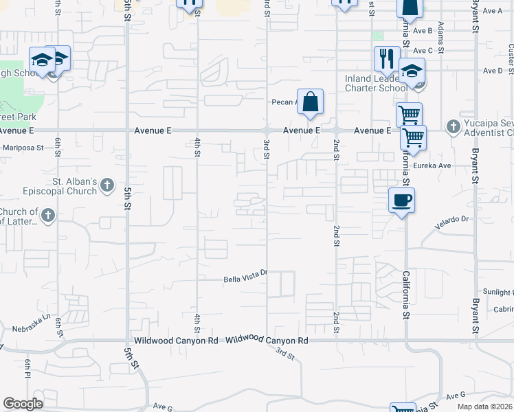 map of restaurants, bars, coffee shops, grocery stores, and more near 12690 3rd Street in Yucaipa
