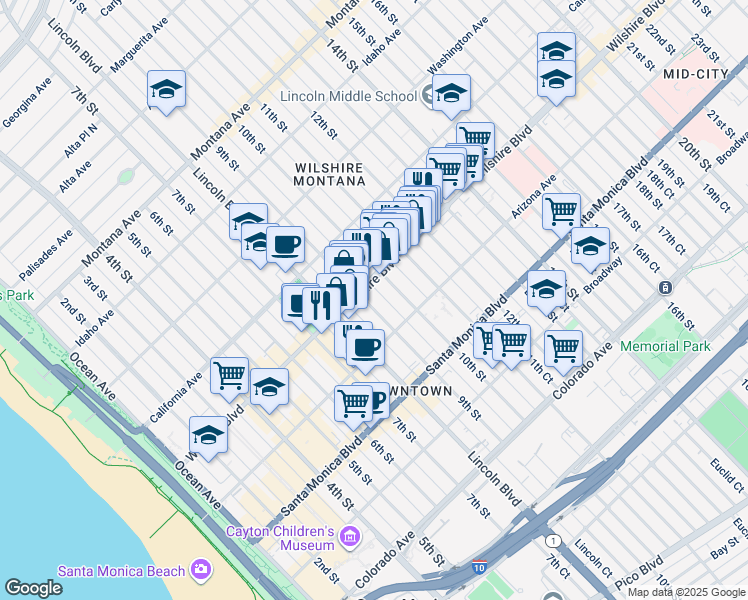 map of restaurants, bars, coffee shops, grocery stores, and more near 1217 9th Street in Santa Monica