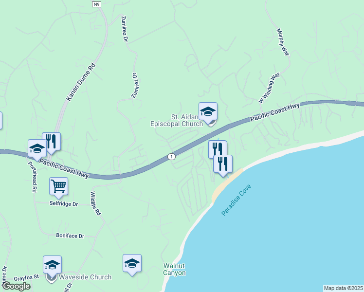 map of restaurants, bars, coffee shops, grocery stores, and more near 28368 Rey De Copas Lane in Malibu