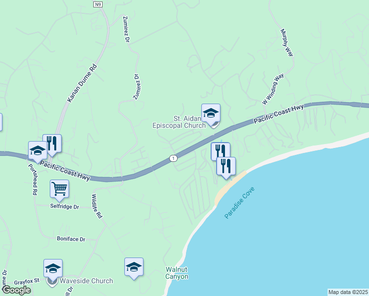 map of restaurants, bars, coffee shops, grocery stores, and more near 28368 Rey De Copas Lane in Malibu