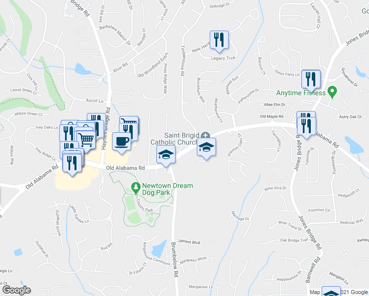 map of restaurants, bars, coffee shops, grocery stores, and more near 10084 Inisfree Drive in Alpharetta