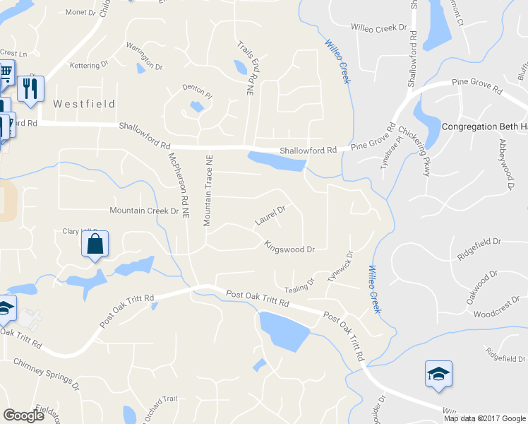 map of restaurants, bars, coffee shops, grocery stores, and more near 4918 McPherson Drive Northeast in Roswell