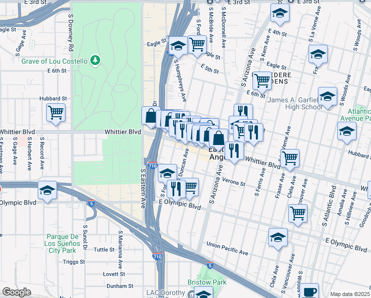 map of restaurants, bars, coffee shops, grocery stores, and more near 4532 Whittier Boulevard in East Los Angeles