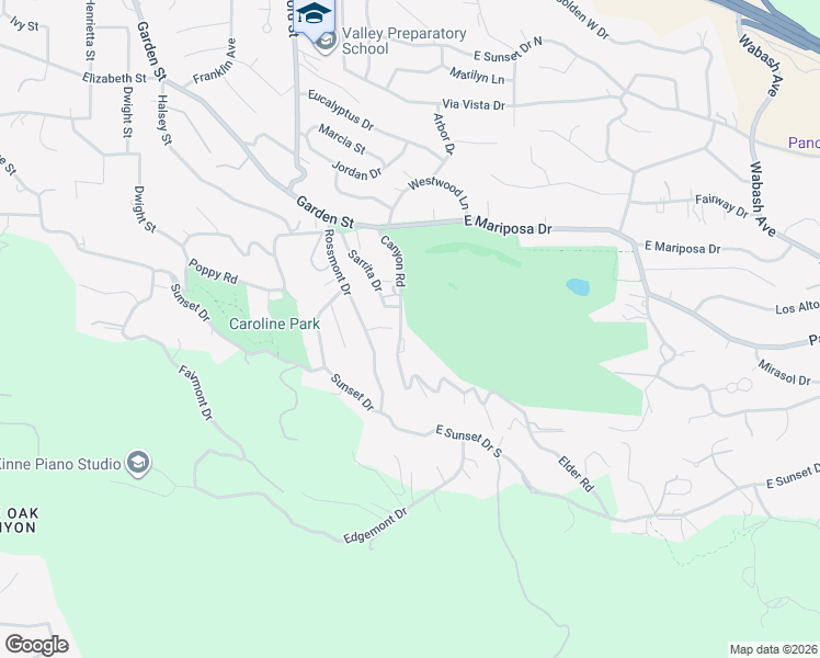map of restaurants, bars, coffee shops, grocery stores, and more near 1805 Canyon Road in Redlands