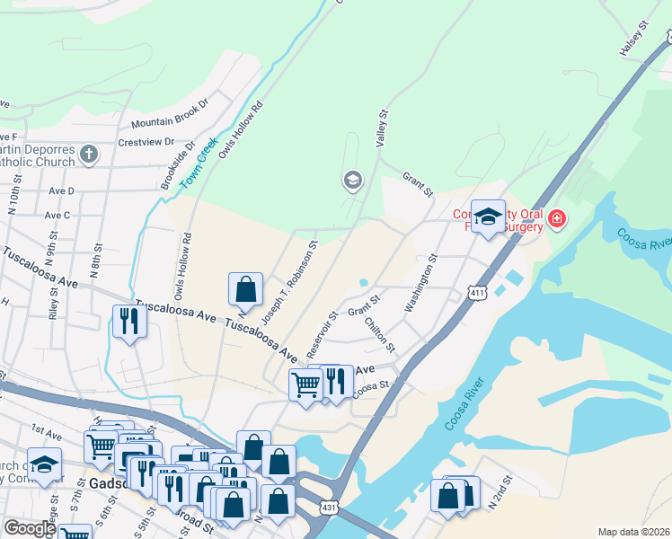 map of restaurants, bars, coffee shops, grocery stores, and more near 504 Valley Street in Gadsden